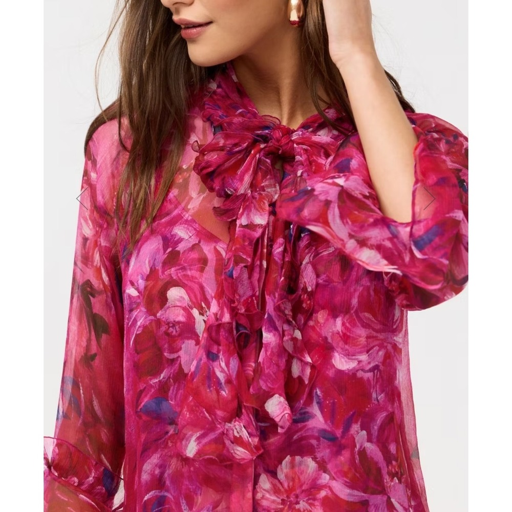Johnny Was Emerie Ruffle Button Down Shirt Pink Silk Size Small NEW
